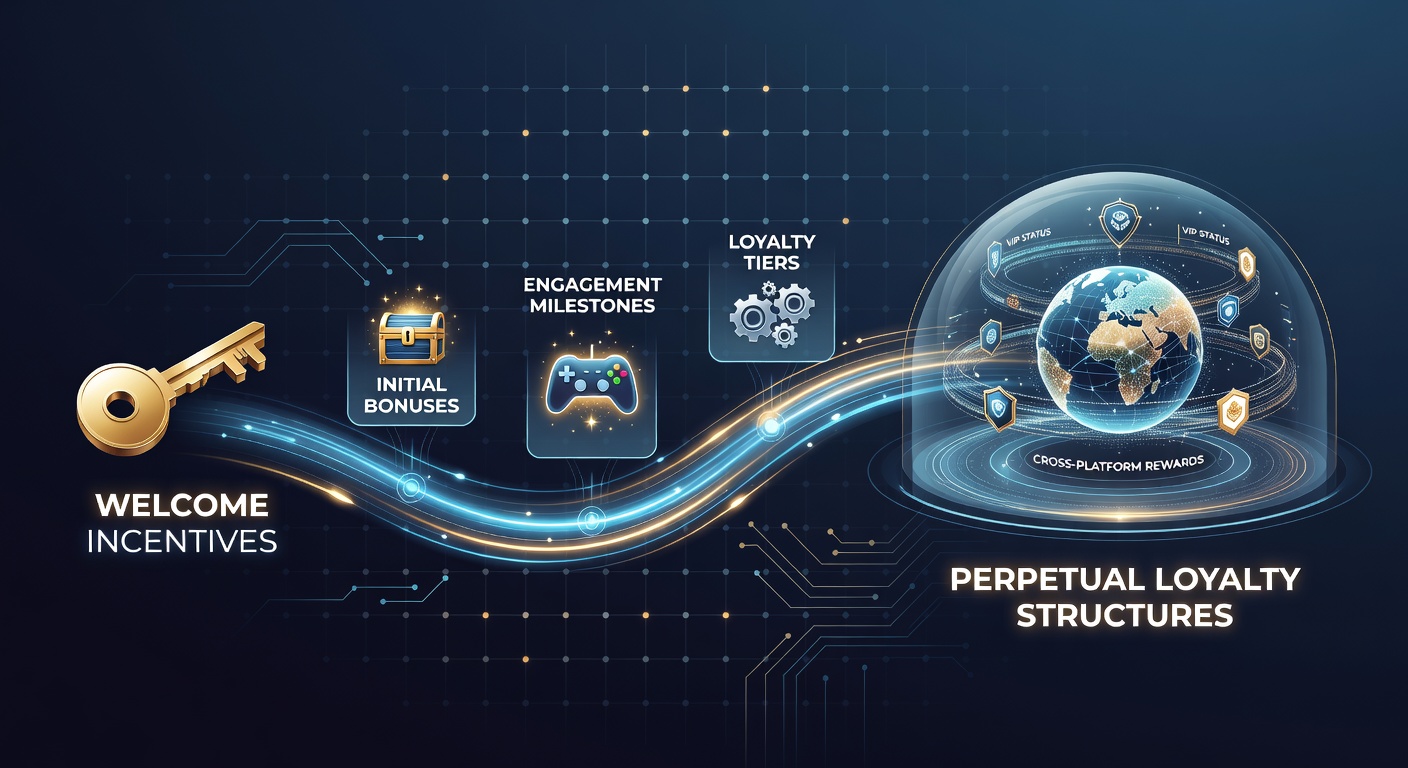 Digital illustration of interconnected global online gaming platforms showing player progression from welcome bonuses to loyalty programs