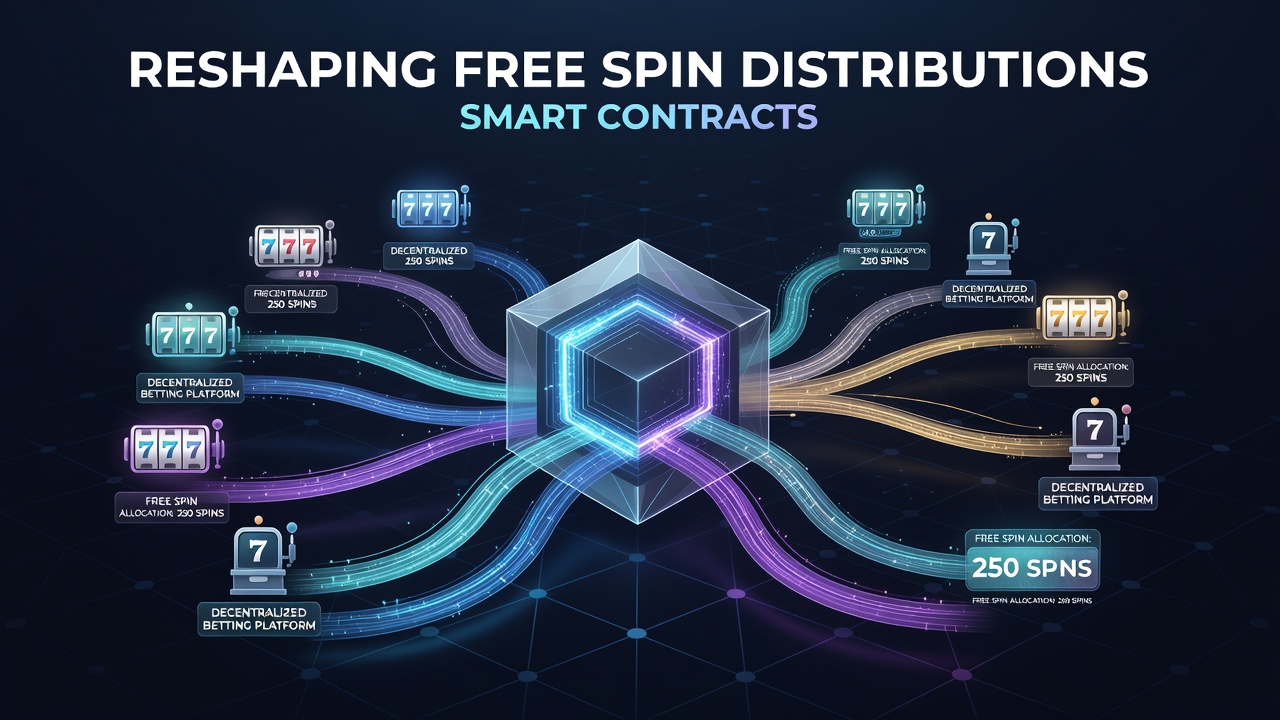 Blockchain network visualization showing automated free spin allocations via smart contracts on decentralized betting platforms