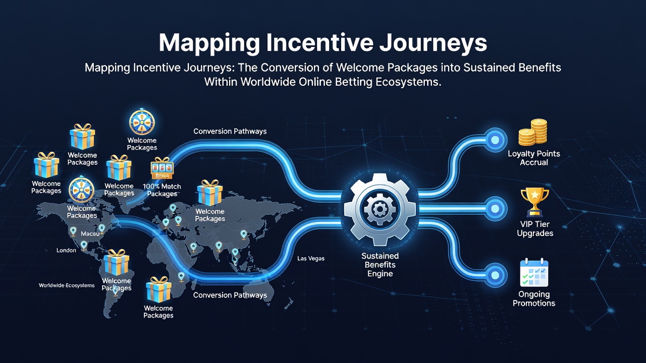 Flowchart illustrating how initial welcome packages in online betting platforms transition into long-term player rewards across global markets