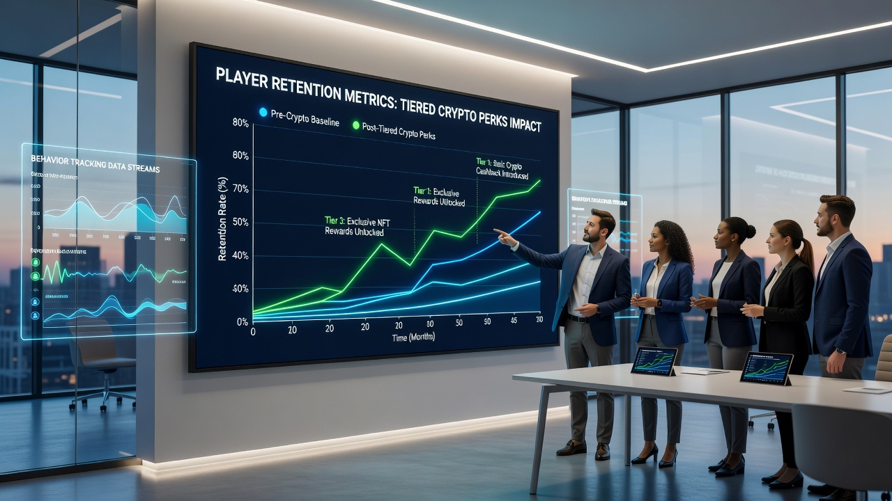 Tiered crypto reward dashboard displaying retention metrics on a global gaming platform