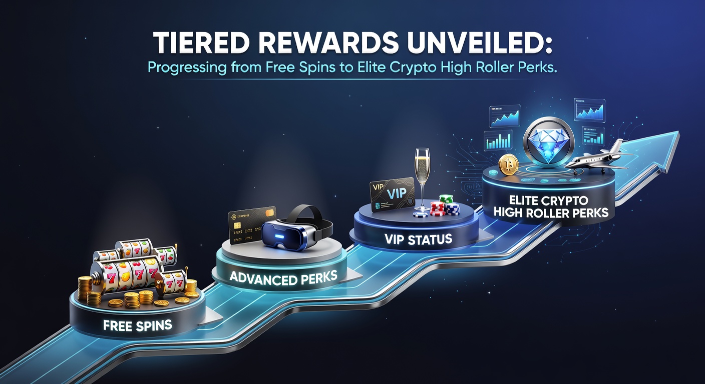 Visual representation of a tiered rewards ladder climbing from basic free spins at the base to elite crypto high roller perks at the top, with glowing casino chips and cryptocurrency icons along the path