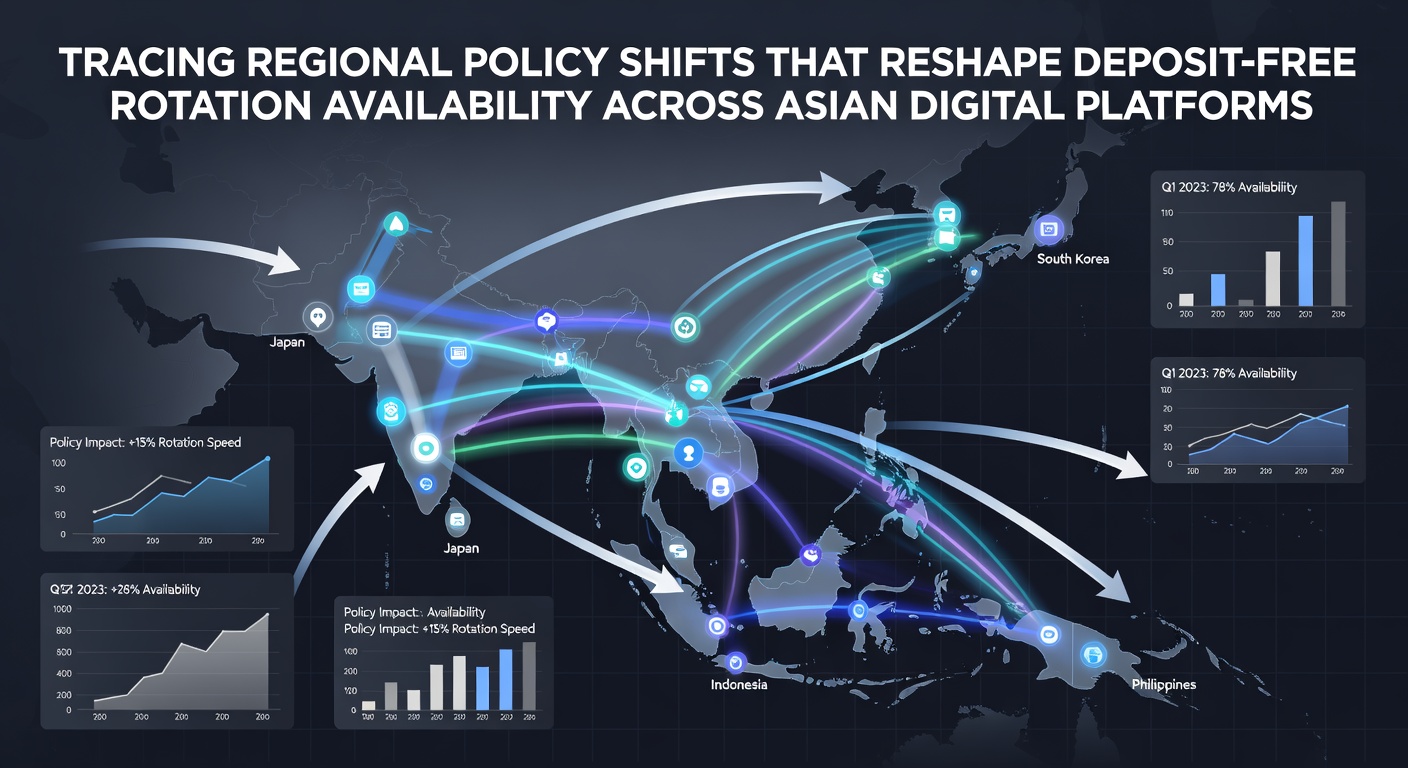 Map of Asia highlighting digital gambling policy regions with icons representing free rotation access changes