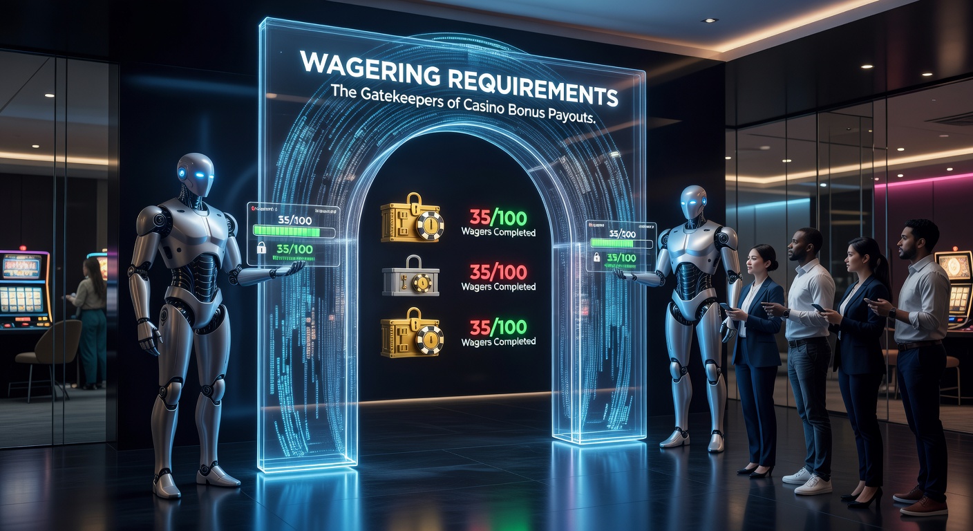 Visual representation of wagering requirements as locked gates guarding casino bonus treasures, with slot reels and chip stacks in the background
